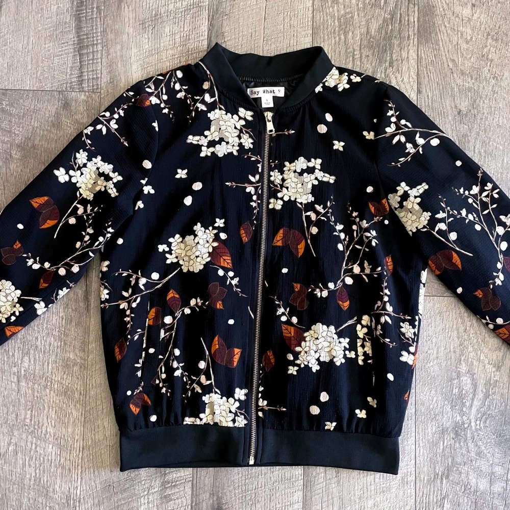 Say What? Womens Floral Bomber Jacket Black White Botanical Zip Up Small